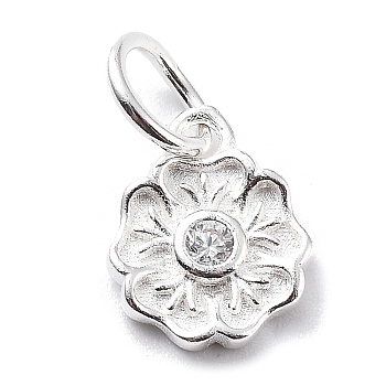 925 Sterling Silver Cubic Zirconia Pendants, with Jump Ring Charms, Flower, 10x8x1.5mm