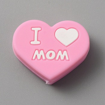 Heart with Word I Love Mom Silicone Beads, Hot Pink, 19.5x25x10mm, Hole: 2.5mm