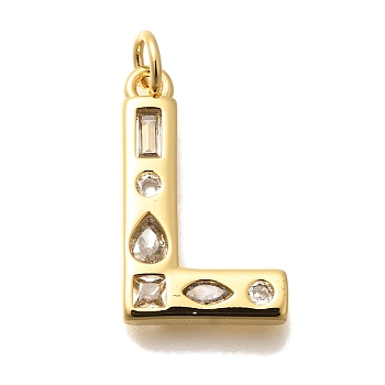 Brass Micro Pave Clear Cubic Zirconia Pendants, with Jump Ring, Lead Free and Cadmium Free, Long-Lasting Plated, Rack Plating, Letter Charms, Real 18K Gold Plated, Letter L, 20x12x2.7mm, jump ring: 5x1mm, 3mm inner diameter.