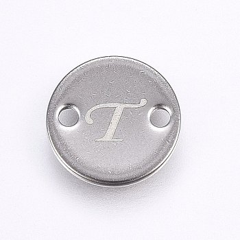 201 Stainless Steel Links connectors, Flat Round, Letter.T, Stainless Steel Color, 10x1mm, Hole: 1.5mm