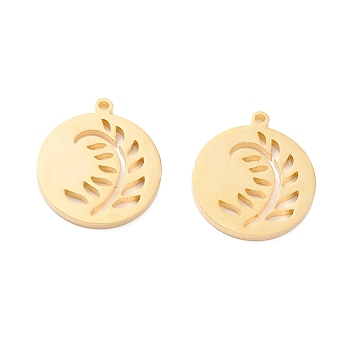 Vacuum Plating 201 Stainless Steel Pendants, Flat Round with Leaf, Golden, 18x15.5x1.4mm, Hole: 1.2mm
