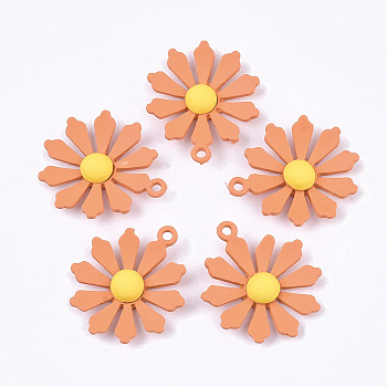 Spray Painted Alloy Pendants, Flower/Daisy, Coral, 24.5x21x4mm, Hole: 1.5mm