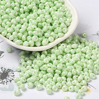 6/0 Glass Seed Beads, Opaque Colours Luster, Teardrop, Pale Green, 4.5~5x4x3~3.5mm, Hole: 0.9mm, about 5625Pcs/Pound