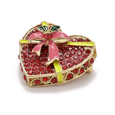 Red Heart Christmas Gift Box Enamel Pin with Rhinestone(JEWB-A004-09G)-2