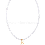 Imitation Pearl with Stainless Steel Pendants Necklaces, Lead Free & Nickel Free & Cadmium Free, Letter, Letter B, 15.83~16.22 inch(40.2~41.2cm), end extender: 48~51mm long, pendants: 12.5x9.5mm(NJEW-LP0001-51B-G)