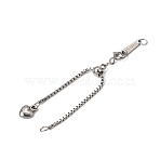 Adjustable 304 Stainless Steel Box Chain Extender, with Heart Charm, Stainless Steel Color, 90mm(SA-CBA61B8-05P-A)