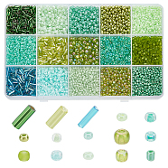 Elite 6178Pcs 15 Style Glass Round Seed & Bugle Beads, Mixed Style, Yellow Green, 2~6mm, hole: 0.5~1mm(SEED-PH0001-85)