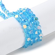 Transparent Electroplate Glass Beads Strands, AB Color Plated, Faceted, Flat Round, Deep Sky Blue, 4x4x2.5mm, Hole: 1.1mm, about 145~155pcs/strand, 20.08''~21.65''(51~55cm)(GLAA-Q099-A01-04)