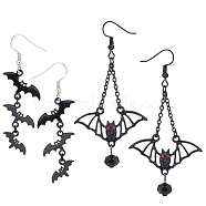 ANATTASOUL 2 Pairs 2 Style Bat Alloy Dangle Earrings Sets with Rhinestone, Glass Beaded Long Drop Earrings for Halloween, Electrophoresis Black, 60~76mm, Pin: 0.6mm, 1 Pair/style(EJEW-AN0002-47)