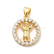 Rack Plating Brass Micro Pave Cubic Zirconia Pendants, Flat Round with Religion Divine Child Jusus Charm, Long-Lasting Plated, Cadmium Free & Lead Free, Real 18K Gold Plated, 18.5x16x2.5mm, Hole: 3x4mm(KK-K270-31G)