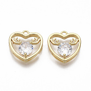 Brass Micro Pave Cubic Zirconia Charms, Nickel Free, for Christmas, Heart with Reindeer Head Shape, Real 18K Gold Plated, Clear, 14.5x14x5mm, Hole: 1.6mm(X-KK-R132-012C-NF)