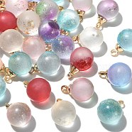 50Pcs Transparent Spray Painted Glass Pendants, with Light Gold Plated Brass Loop, Frosted, with Glitter Powder, Round Charms, Mixed Color, 12x8mm, Hole: 1.6mm(GLAA-CJ0002-03)