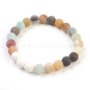 Natural Flower Amazonite and Natural Dyed Lava Rock Stretch Bracelets, Frosted, Round, 2-1/8 inch(5.5cm)(BJEW-JB03798-04)