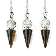 Natural Tiger Eye Cone Dowsing Pendulum Big Pendants, with Tree of Life Rack Plating Platinum Plated Brass Findings, Cadmium Free & Lead Free, 220~240mm, Hole: 1.5~2mm(G-C114-02P-18)