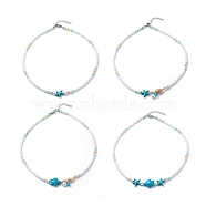 4Pcs 4 Style Natural Pearl & Shell & Dyed Synthetic Turquoise Beaded Necklaces Set, Gemstone Starfish & Tortoise Ocean Theme Necklaces for Women, Stainless Steel Color, 16.14 inch(41cm), 1Pc/style(NJEW-JN04039)