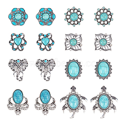 16Pcs 8 Style Alloy Snap Button, with Plastic Beads, Jewelry Buttons, Elephant & Flower & Oval, Antique Silver, 20~34x19.5~29x9~12mm, 2pcs/style(FIND-NB0003-58)