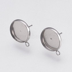 Non-Tarnish 202 Stainless Steel Stud Earring Settings, with 304 Stainless Steel Pins and Loop, Flat Round, Stainless Steel Color, Tray: 12mm, 17x14x2mm, Hole: 1.5mm, Pin: 0.8mm(STAS-I088-D-03P)