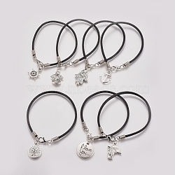 Unisex Charm Bracelets, with Cowhide Leather Cord, Tibetan Style Alloy Pendants and Lobster Claw Clasps, Black, 7-1/4 inch~7-1/2 inch(18.5~19cm)(BJEW-JB04753)