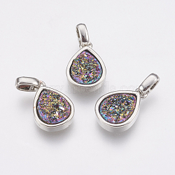 Natural Druzy Agate Pendants, with Brass Finding, teardrop, Platinum, Colorful, 14.5x10x3~4mm, Hole: 2x2.5mm(KK-G343-13F-P)