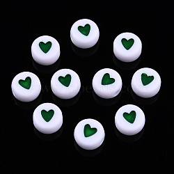 Opaque Acrylic Beads, with Enamel, Flat Round with Heart, Dark Green, 7x3.5mm, Hole: 1.2mm, about 3600~3700pcs/500g(MACR-N008-57C)