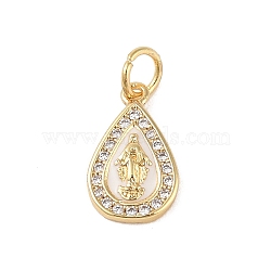 Brass Micro Pave Clear Cubic Zirconia Pendants, with Enamel and Jump Ring, Real 18K Gold Plated, Teardrop, 13.5x8.5x2mm, Hole: 3mm(KK-E111-31G-G)