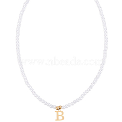 Imitation Pearl with Stainless Steel Pendants Necklaces, Lead Free & Nickel Free & Cadmium Free, Letter, Letter B, 15.83~16.22 inch(40.2~41.2cm), end extender: 48~51mm long, pendants: 12.5x9.5mm(NJEW-LP0001-51B-G)