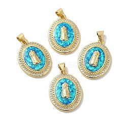 Rack Plating Brass Micro Pave Cubic Zirconia with Synthetic Opal Pendants, with Jump Ring, Lead Free & Cadmium Free, Long-Lasting Plated, Oval with Saint, Real 18K Gold Plated, 23x17x4.1mm, Hole: 5x3.6mm(KK-D088-14G)