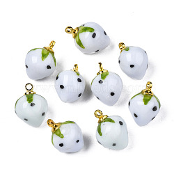 Handmade Porcelain Pendants, with Golden Plated Brass Findings, Famille Rose Style, 3D Strawberry, WhiteSmoke, 14~16x10~11mm, Hole: 1.6mm(PORC-N004-152B-16)