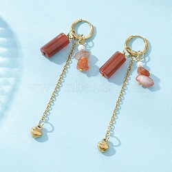 304 Stainless Steel Carnelian Heart Tassel Hoop Earrings, with Shell Pearl, Golden, 76mm(EJEW-JE06731-03)