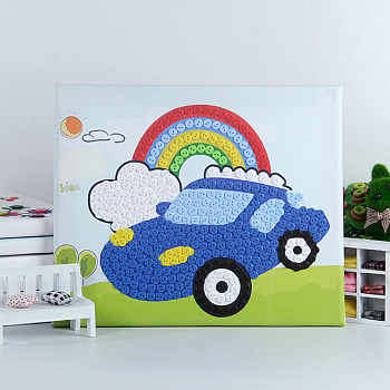 Creative DIY Car Pattern Resin Button Art, with Canvas Painting Paper and Wood Frame, Educational Craft Painting Sticky Toys for Kids, Colorful, 30x25x1.3cm