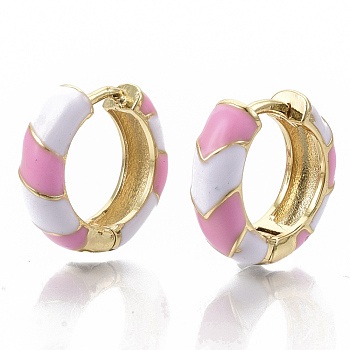 Brass Huggie Hoop Earrings, with Two Tone Enamel, Real 18K Gold Plated, Pearl Pink, 16x16.5x5mm, Pin: 1x1mm