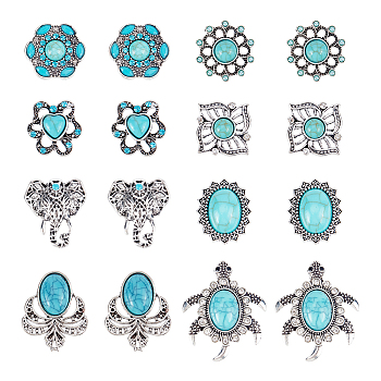 16Pcs 8 Style Alloy Snap Button, with Plastic Beads, Jewelry Buttons, Elephant & Flower & Oval, Antique Silver, 20~34x19.5~29x9~12mm, 2pcs/style