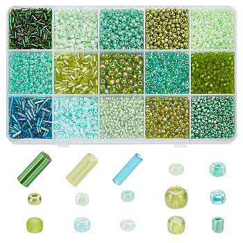Elite 6178Pcs 15 Style Glass Round Seed & Bugle Beads, Mixed Style, Yellow Green, 2~6mm, hole: 0.5~1mm