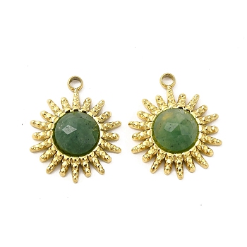 Natural African Jade Pendants, Faceted Sun Charms, with Vacuum Plating Real 18K Gold Plated 201 Stainless Steel Findings, 17x14x4mm, Hole: 1.5mm