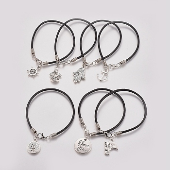 Unisex Charm Bracelets, with Cowhide Leather Cord, Tibetan Style Alloy Pendants and Lobster Claw Clasps, Black, 7-1/4 inch~7-1/2 inch(18.5~19cm)
