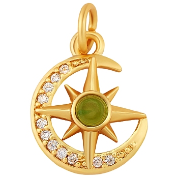 Brass Cubic Zirconia Charms, Enamel Style, with Jump Ring, Golden, Moon, 11mm