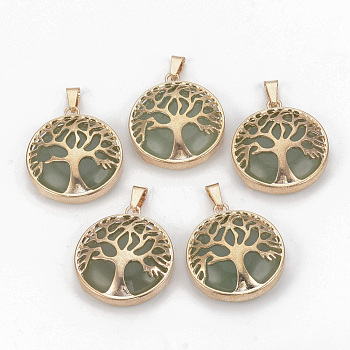 Natural Green Aventurine Pendants, with Brass Findings, Flat Round with Tree of Life, Golden, 30.5x27x8mm, Hole: 7x3mm