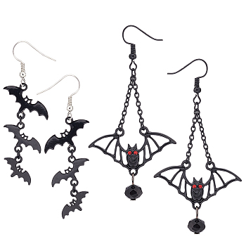ANATTASOUL 2 Pairs 2 Style Bat Alloy Dangle Earrings Sets with Rhinestone, Glass Beaded Long Drop Earrings for Halloween, Electrophoresis Black, 60~76mm, Pin: 0.6mm, 1 Pair/style