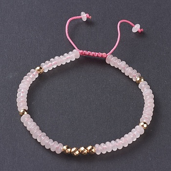 Natural Rose Quartz Braided Bead Bracelets, with Nylon Cord and Non-magnetic Synthetic Hematite Beads, 2-1/8 inch~2-3/4 inch(5.5~7cm)