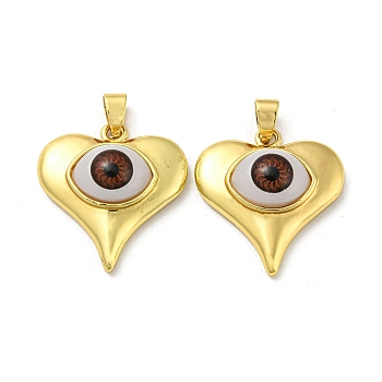 Real 18K Gold Plated Brass Pendants, with Acrylic, Heart with Evil Eye Charms, Dark Orange, 26.5x25x8mm, Hole: 5x3.5mm