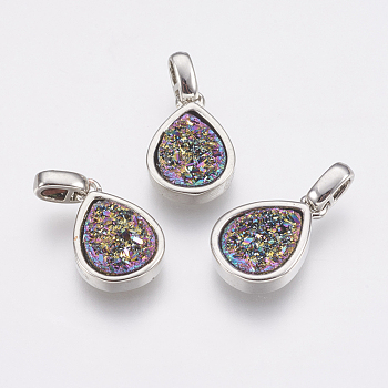 Natural Druzy Agate Pendants, with Brass Finding, teardrop, Platinum, Colorful, 14.5x10x3~4mm, Hole: 2x2.5mm
