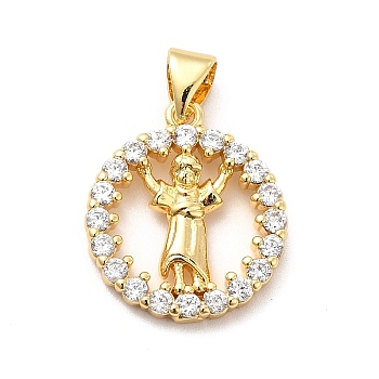 Rack Plating Brass Micro Pave Cubic Zirconia Pendants, Flat Round with Religion Divine Child Jusus Charm, Long-Lasting Plated, Cadmium Free & Lead Free, Real 18K Gold Plated, 18.5x16x2.5mm, Hole: 3x4mm