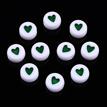 Opaque Acrylic Beads, with Enamel, Flat Round with Heart, Dark Green, 7x3.5mm, Hole: 1.2mm, about 3600~3700pcs/500g