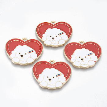 Alloy Enamel Pendants, Cadmium Free & Lead Free, Heart with White Dog, Light Gold, Red, 26x31x1.5mm, Hole: 2mm