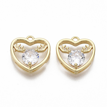 Brass Micro Pave Cubic Zirconia Charms, Nickel Free, for Christmas, Heart with Reindeer Head Shape, Real 18K Gold Plated, Clear, 14.5x14x5mm, Hole: 1.6mm
