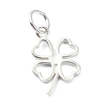 925 Sterling Silver Charms, Four Leaf Clover, with Jump Rings & 925 Stamp, Silver, 14x10x1mm, Hole: 4mm