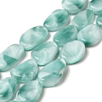 Natural Glass Beads Strands, Grade A, Oval, Aqua Blue, 19.5~29x11~21x6.5~8mm, Hole: 1.4mm, about 15~17pcs/strand, 15.5~15.7''(39.37~39.88cm)