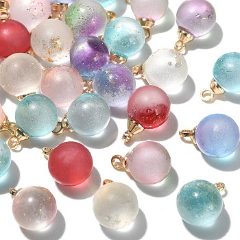 50Pcs Transparent Spray Painted Glass Pendants, with Light Gold Plated Brass Loop, Frosted, with Glitter Powder, Round Charms, Mixed Color, 12x8mm, Hole: 1.6mm