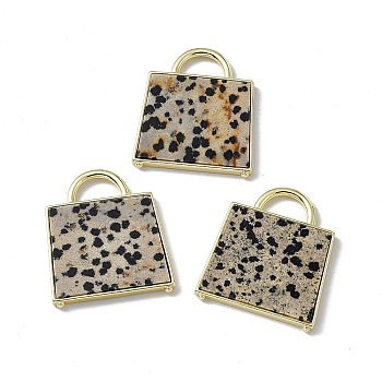 Natural Dalmatian Jasper Pendants, Handbag Charms, with Rack Plating Golden Tone Brass Findings, Cadmium Free & Lead Free, 34x29.5x3mm, Hole: 6x11mm