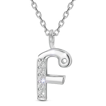 SHEGRACE Rhodium Plated 925 Sterling Silver Initial Pendant Necklaces, with Grade AAA Cubic Zirconia and Cable Chains, Platinum, Letter.F, 15.74 inch(40cm)